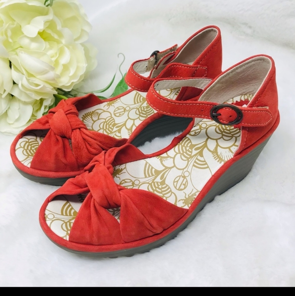 Fly London Wedge Sandal Bow Detail Ankle Strap Lug Sole Orange Suede, 7 - 7.5 US